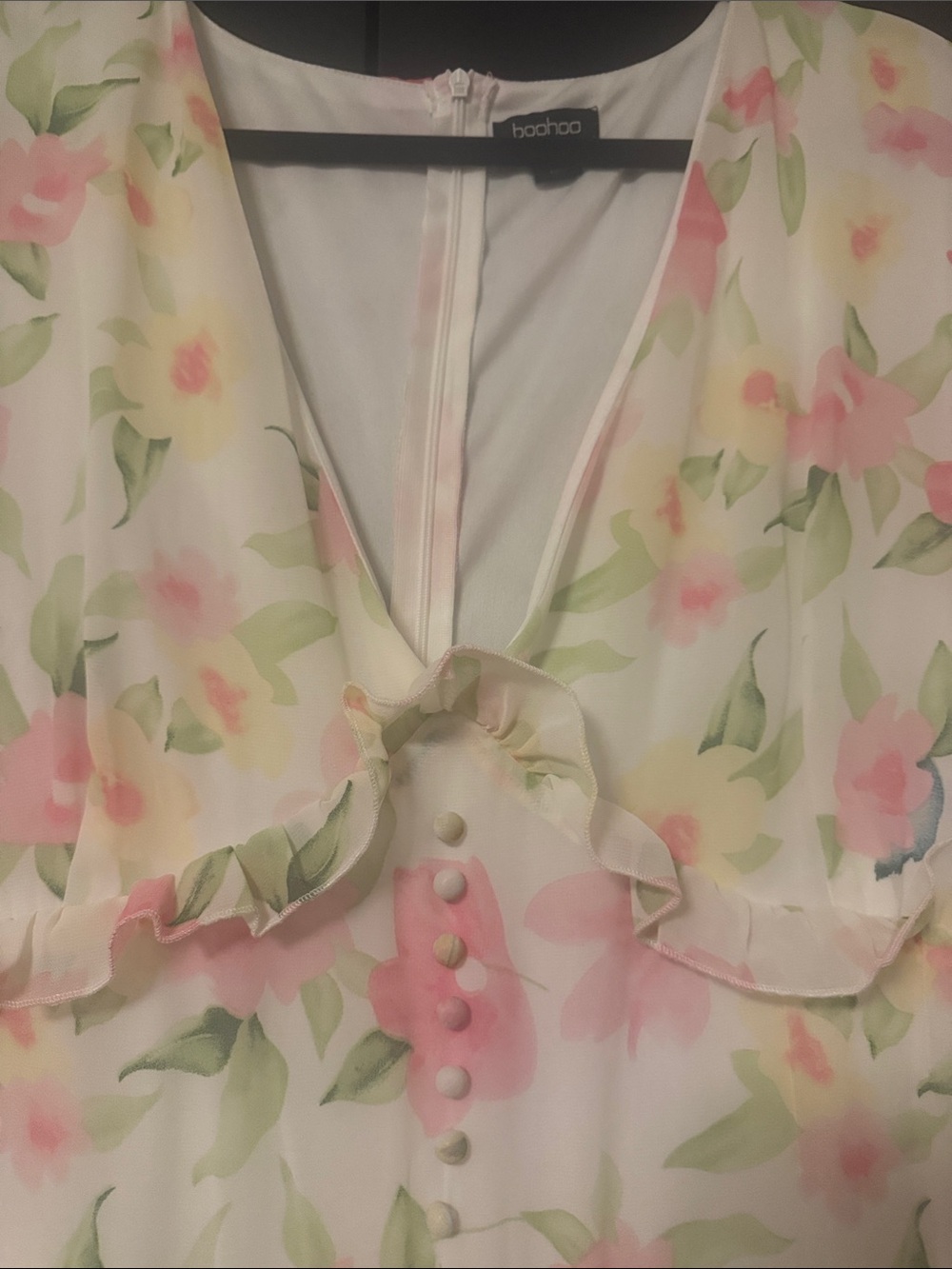 Boohoo Cream Floral Ruffle Maxi Dress - Pink & Green Print - Picture 3 of 6